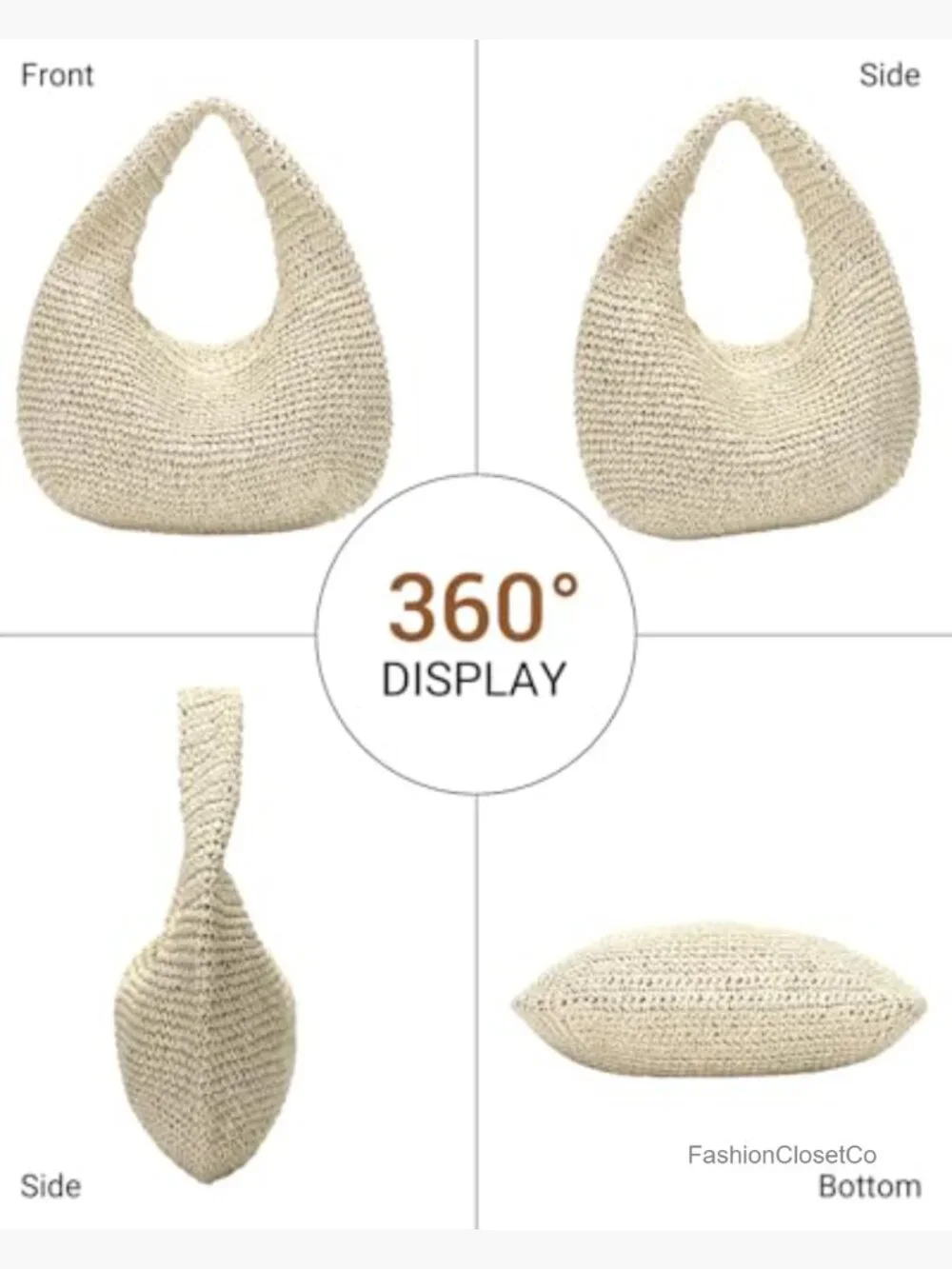 Handwoven Crescent Straw Hobo Bag with Top Zip - Picture 4 of 7